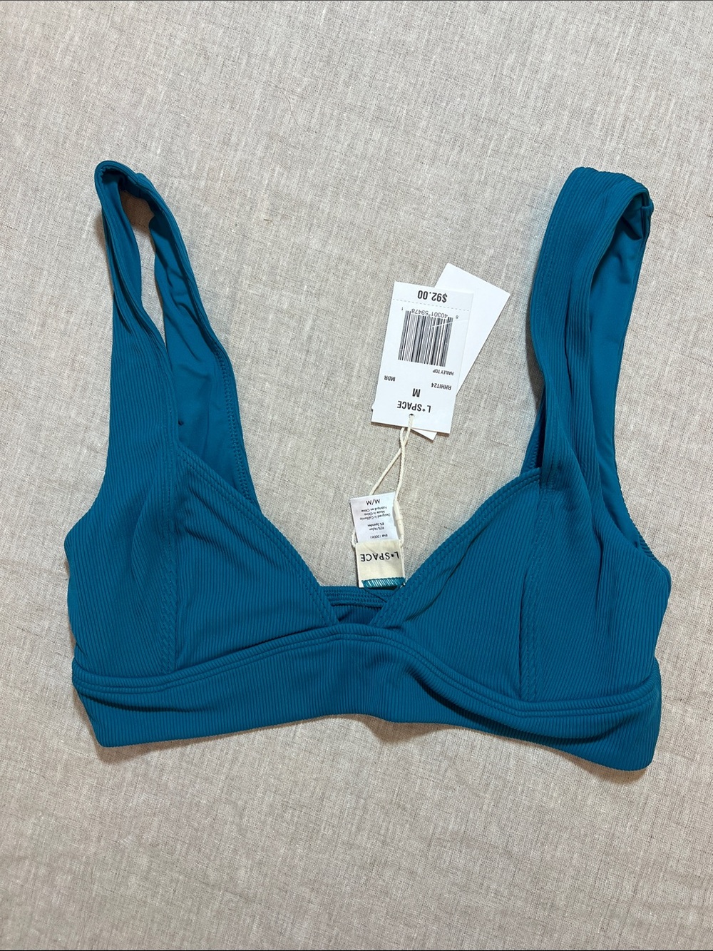 l*space Hailey Ribbed Bikini Top in Mediterranean Teal. Size M. NWT